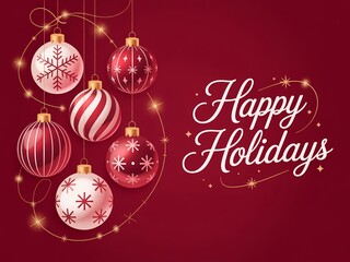 A festive holiday greeting card with pink and red christmas ornaments on a dark red background with gold accents and sparkles