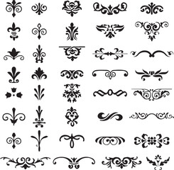 Vintage floral design elements set for ornate decoration, including frames, borders, scrolls, and calligraphic vector illustrations