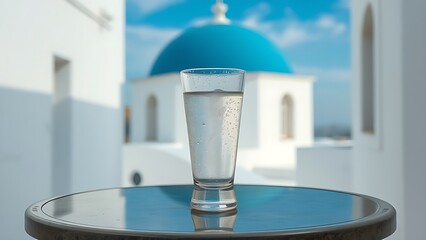 ouzo. Chilled ouzo glass on a table between blue dome and white walls. bar promotions, beverage menus, packaging labels, designed for product packaging and bar promotions, used by copywriters.