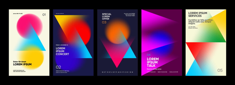 A vibrant collection of abstract posters featuring geometric shapes and gradients. Each design showcases a unique combination of colors and patterns, perfect for modern art enthusiasts and graphic