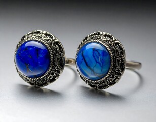 Two ornate silver rings, each featuring a large, vibrant blue cabochon gemstone, set against a gradient backdrop