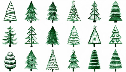 Fototapeta premium Conjunto de ilustraciones de árboles de Navidad minimalistas, estilo line art, trazos verdes a mano alzada, diseño simple y elegante, árboles abstractos con líneas curvas y espirales.
