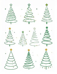 Obraz premium Conjunto de ilustraciones de árboles de Navidad minimalistas, estilo line art, trazos verdes a mano alzada, diseño simple y elegante, árboles abstractos con líneas curvas y espirales.