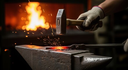 Skilled blacksmith forging metal with hammer on anvil in fiery forge