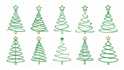 Obraz premium Conjunto de ilustraciones de árboles de Navidad minimalistas, estilo line art, trazos verdes a mano alzada, diseño simple y elegante, árboles abstractos con líneas curvas y espirales.