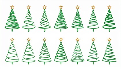 Conjunto de ilustraciones de &aacute;rboles de Navidad minimalistas, estilo line art, trazos verdes a mano alzada, dise&ntilde;o simple y elegante, &aacute;rboles abstractos con l&iacute;neas curvas y espirales.