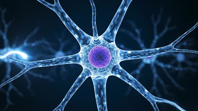 Detailed 3D rendering of a human neuron with a glowing electrical impulse traveling along its structure.