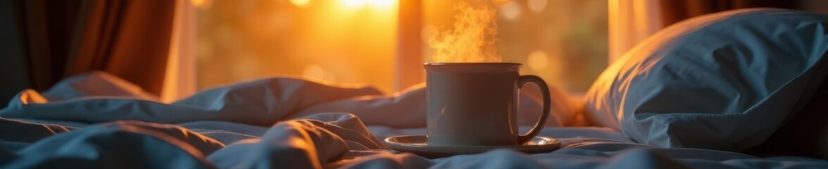 Steaming coffee mug on bedside table, sunrise glow, energy, cozy, comfort