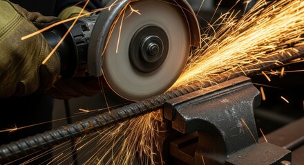 Close up of a metal grinder cutting rebar creating a shower of bright orange sparks