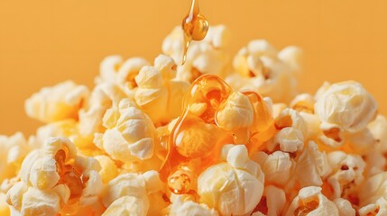 Bowl of popcorn with a drizzle of honey on top. The popcorn is yellow and white, and the honey is drizzled on top, creating a sweet and savory snack