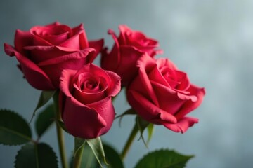 Fototapeta premium Vibrant red roses, gray backdrop, color key ready , macro, photography