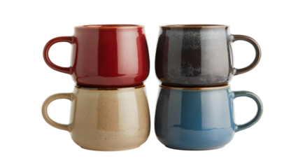 Stack of four ceramic mugs in different colors, a red, a speckled dark gray, a beige, and a blue mug Isolated on white or transparent PNG.