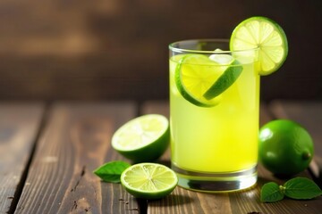 Refreshing homemade lemonade with lime slices in a glass on rustic wood , photography, table, pic