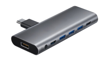 Multi port usb hub adapter with multiple blue usb ports and usb c connector Isolated on white or transparent PNG.