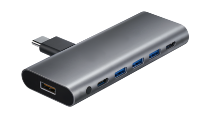 Multi port usb hub adapter with multiple blue usb ports and usb c connector Isolated on white or transparent PNG.