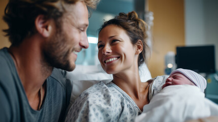 Fototapeta premium Parents holding newborn baby in hospital, tears of joy, warm hospital room, tender moment of love, with copy space