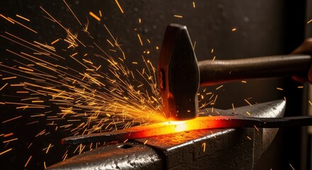 Master blacksmith forging metal with intense sparks flying from hammer strike