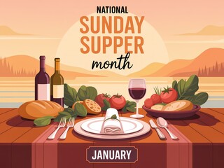 National sunday supper month celebration with food and wine on a table