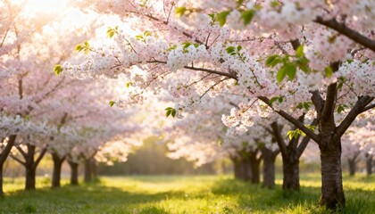 Fototapeta premium Ethereal spring scene with soft cherry blossom trees glowing under golden sunlight. Romantic, serene nature landscape perfect for travel, wellness, and seasonal content.