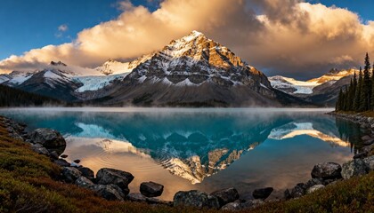 Majestic golden hour reflection of a snow-capped mountain in a tranquil turquoise alpine lake. Stunning symmetrical landscape with dramatic clouds and vibrant natural beauty.