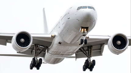 Naklejka premium A close-up, low-angle shot of a large, white passenger jet ,white airplane was flying , Its landing gear has been retracted, and the wheels are no longer visible, on white backgrou