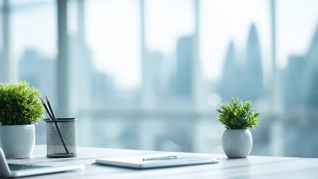 Modern office desk setup with laptop and green plants against blurred city view, 4k high quality footage