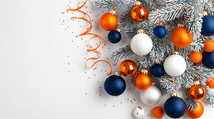 White uniform background. On the right, you can see a beautiful Christmas tree with orange, dark blue and white Christmas balls hanging on it. The balls are bright and shiny. Some