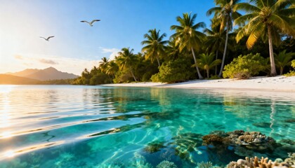 Idyllic tropical paradise at sunrise with clear turquoise water, pristine white sand beach, and lush palm trees.
