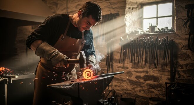 Skilled blacksmith forging metal with hammer and anvil in a rustic workshop - Powered by Adobe