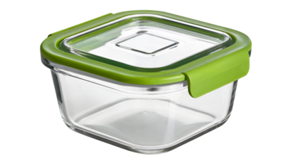 A clear glass food storage container with green lid and seal  Isolated on white or transparent PNG.
