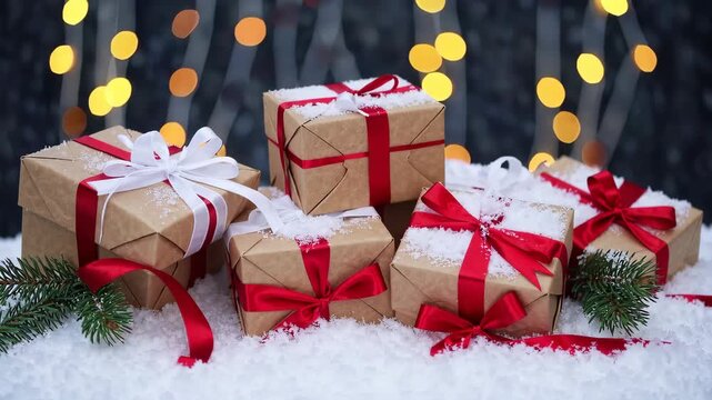 Festive gift box arrangement in winter holiday atmosphere view