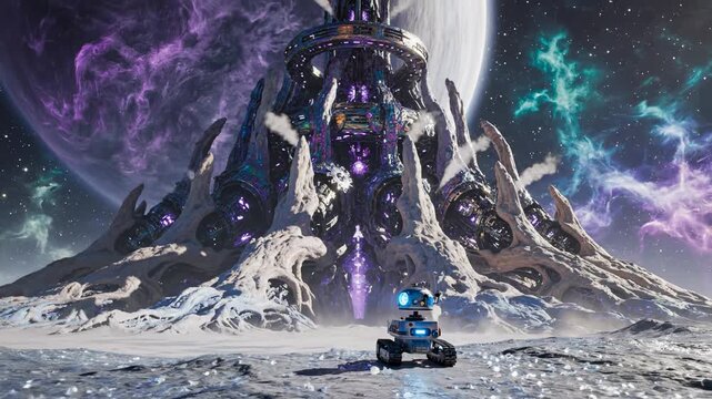 Establishing wide shot of a massive intricate biomechanical structure parked on an exotic moon surface watched over by a tiny stationary utility droid moon, scifi, alien base