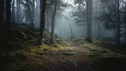 Obraz premium Misty forest landscape with numerous trees, created by AI, perfect for storytelling backgrounds, fantasy games, or serene wallpaper projects.