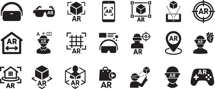  Augmented reality icon set, modern AR symbols for apps, UI, tech projects, vector EPS.