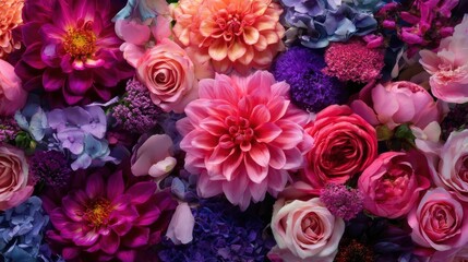 Obraz premium Botanical pattern background featuring vibrant flowers and plants, perfect for wall decor, fabric prints, or fresh and lively visual projects.