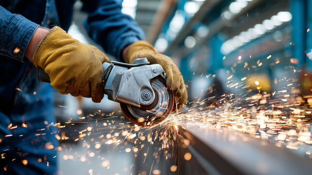 Close Up, Worker cutting steel with sparks flying in workshop