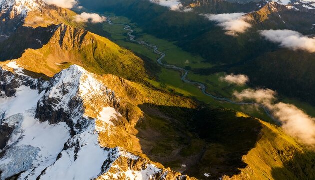 Majestic aerial view of snow-capped mountains and a winding river valley during golden hour. Dramatic sunrise light creates striking contrasts and long shadows over rugged alpine peaks. - Powered by Adobe