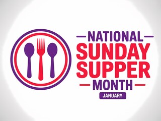National sunday supper month logo with plate and utensils on white background