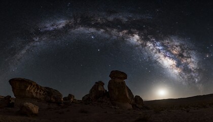 Majestic Milky Way arching over ancient desert rock formations under a brilliant starry night sky. Astrophotography capturing the cosmic beauty of a rugged, remote landscape.