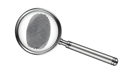 Magnifying glass examining a fingerprint for forensic investigation and identity verification