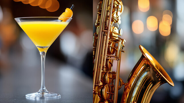 Vertical design for a jazz & blues night invitation, close-up of a cocktail on a bar counter, soft background bokeh of musical instruments, warm ambient lighting, golden tones, cla