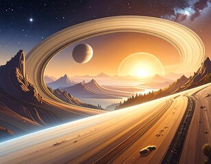 Spectacular planetary ring system landscape with sunrise on a distant world