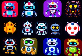 Multiple robot icons displayed on a screen, various styles and designs, innovation, gear