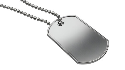 Blank metallic dog tag on a ball chain necklace against a black background