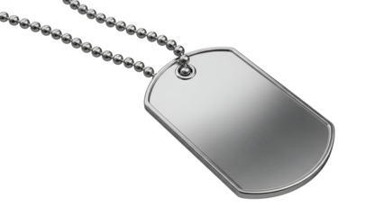 Blank metallic dog tag on a ball chain necklace against a black background