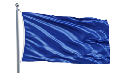 A plain blue flag waving in the wind on a silver flagpole against a black background