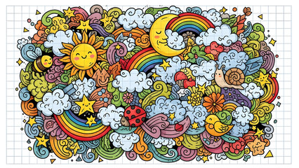 Bright hand-drawn doodle illustration on squared notebook paper background, featuring cheerful cartoon elements like smiling sun, moon, clouds, rainbows, stars, and playful animals