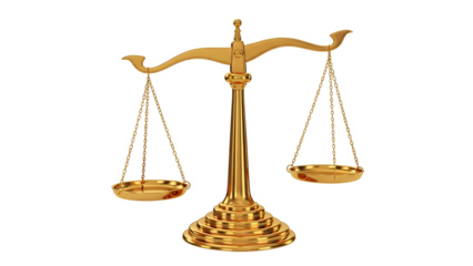 A gleaming golden balance scale isolated on a black background, representing justice