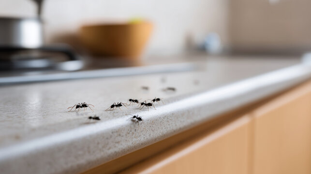 tiny black ants on kitchen counter in house