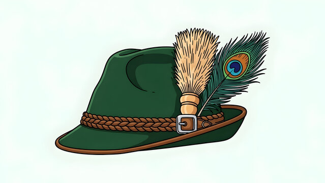 Refined flat design illustration portraying a traditional Bavarian Trachtenhut alpine hat adorned with an authentic Gamsbart chamois beard, decorative feather, and classic folk craftsmanship symbolism